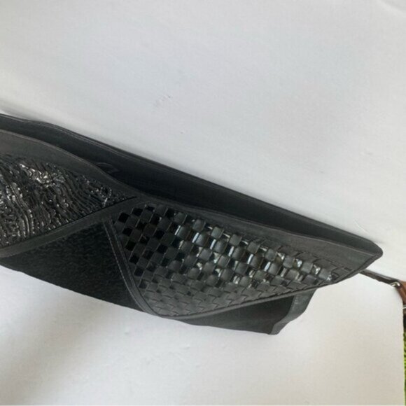 Vintage 80s Intrecciato Leather Suede Woven Large Clutch Bag Zip black Italy Tie - Picture 14 of 16